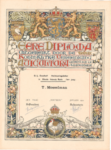 J20-C26 Eere Diploma uitgereikt door de Koninklijke Vereeniging Avicultura (vereniging voortgekomen uit de in 1886 ...